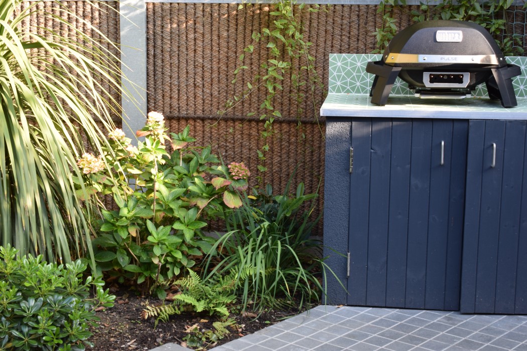 Planting includes Hydrangeas, Pittosporum and ferns